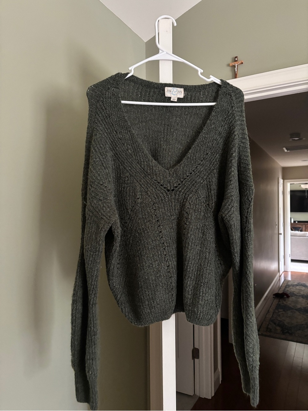 Relaxed V-Neck Knit Sweater in Olive